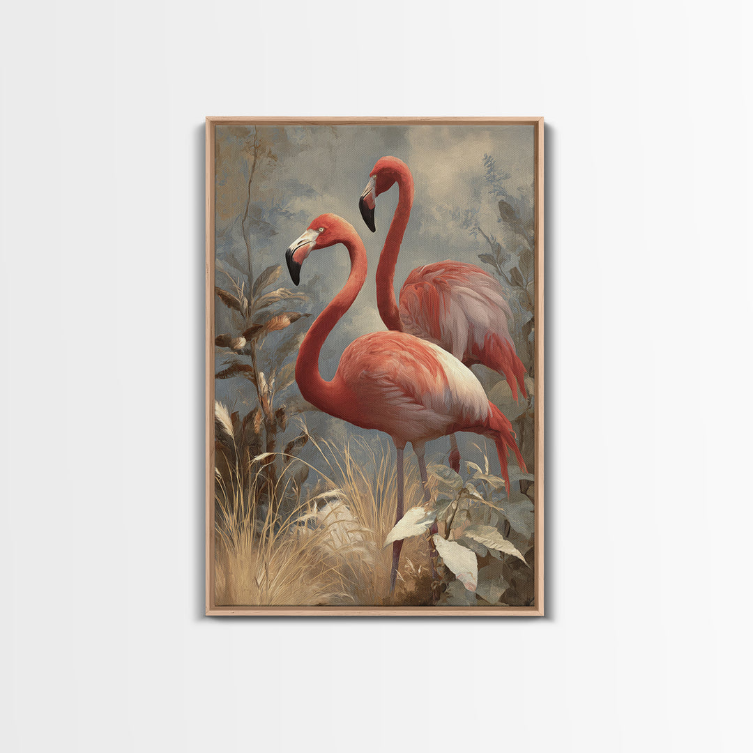 Flamingo Pair in Elegant Coral and Cream Canvas Print, Animal Art, Nursery Decor, Living Room Decor, Fine Art, Creature, ANI-2x3-99