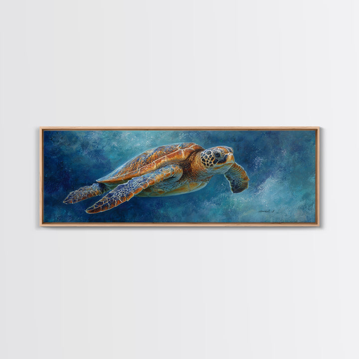 Sea Turtle Drifting Through Luminous Blue Water Framed Canvas Print, Animal Art, Home Decor, Living Room Decor, Creature, ANI-3x1-10