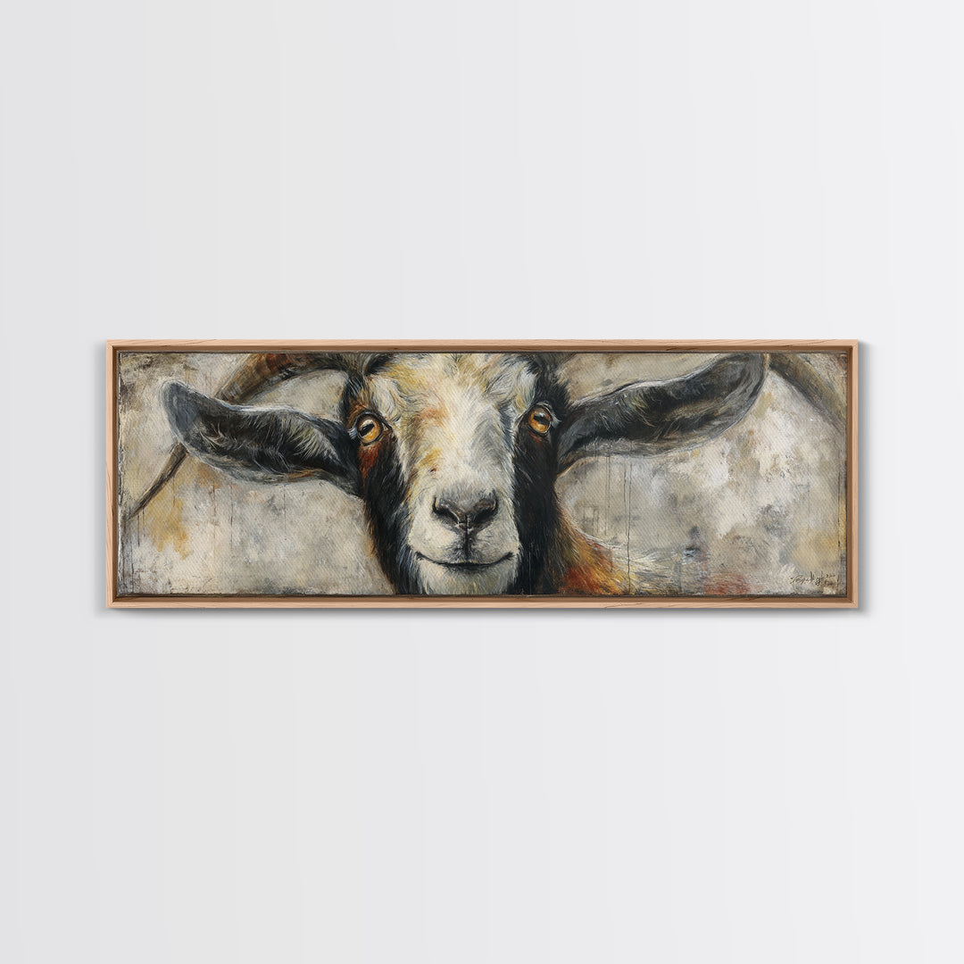 Goat Portrait with Rustic Folk Art Personality Canvas Print, Animal Art, Oil Painting, Living Room Decor, Fine Art, Creature, ANI-3x1-13