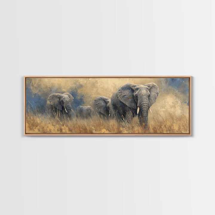 Elephant Family Walking Through Dusty Golden Light Canvas Print, Animal Art, Wall Art, Living Room Decor, Fine Art, Creature, ANI-3x1-30