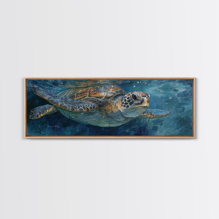 Sea Turtle Drifting Through Luminous Blue Water Canvas Print, Animal Art, Digital Art, Living Room Decor, Abstract Art, ANI-3x1-34
