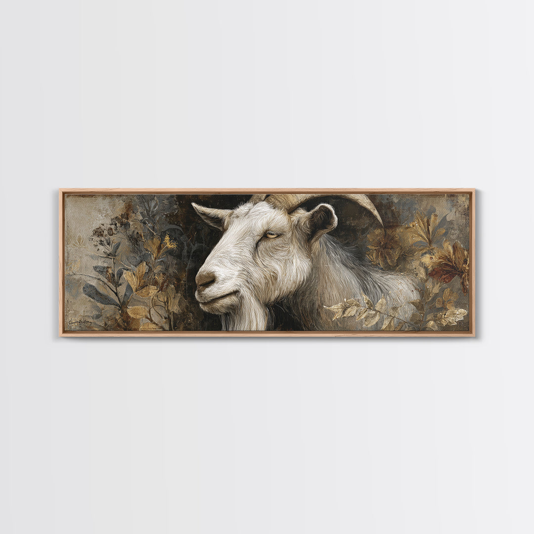 Goat Portrait with Rustic Folk Art Personality Framed Canvas Print, Animal Art, Digital Print, Living Room Decor, Creature, ANI-3x1-37