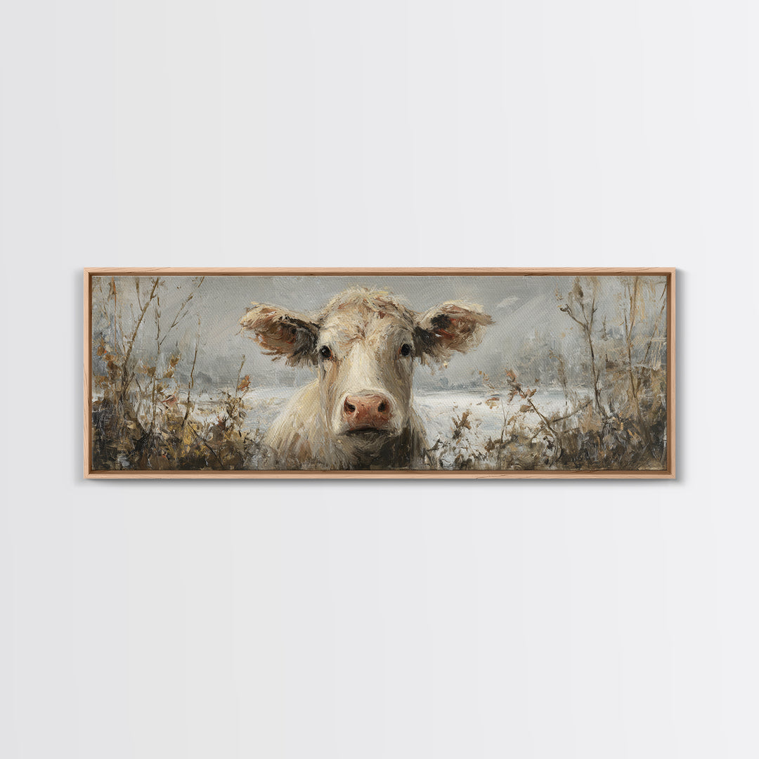 Gentle Cow Portrait Framed Canvas Print, Animal Art, Wall Decor, Living Room Decor, Fine Art, Creature, Nursery Wall Art, ANI-3x1-47