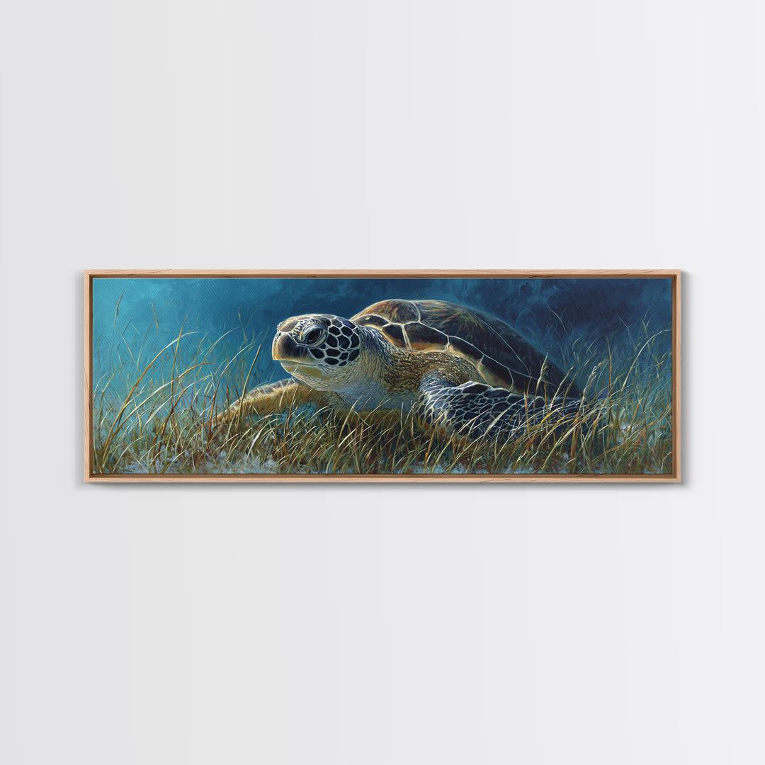 Sea Turtle Drifting Through Luminous Blue Water Framed Canvas Print, Animal Art, Nursery Decor, Living Room Decor, Creature, ANI-3x1-58