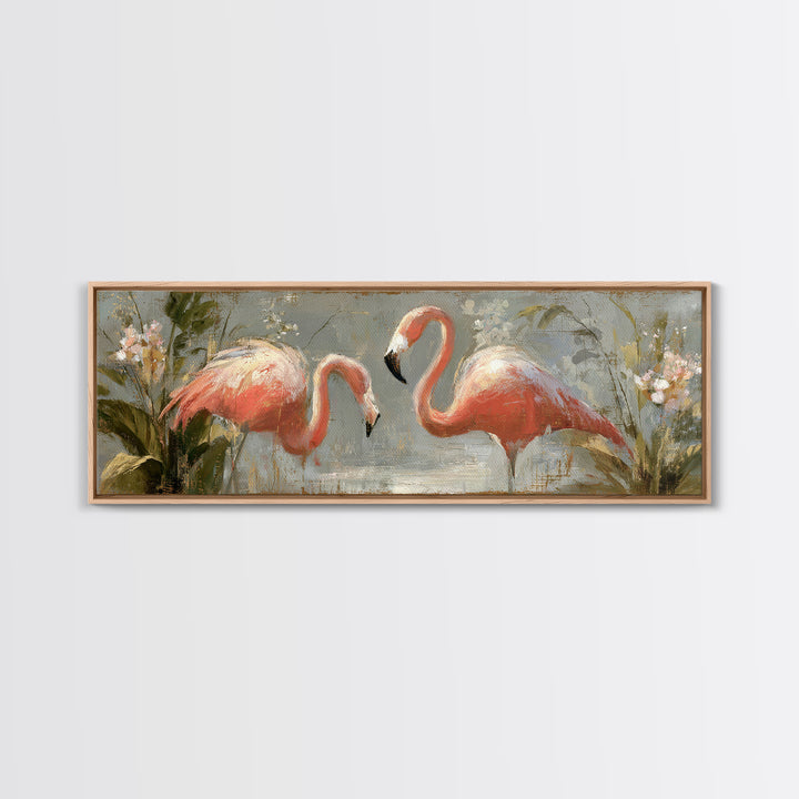 Flamingo Pair in Elegant Coral and Cream Framed Canvas Print, Animal Art, Wall Art, Living Room Decor, Fine Art, Creature, ANI-3x1-59