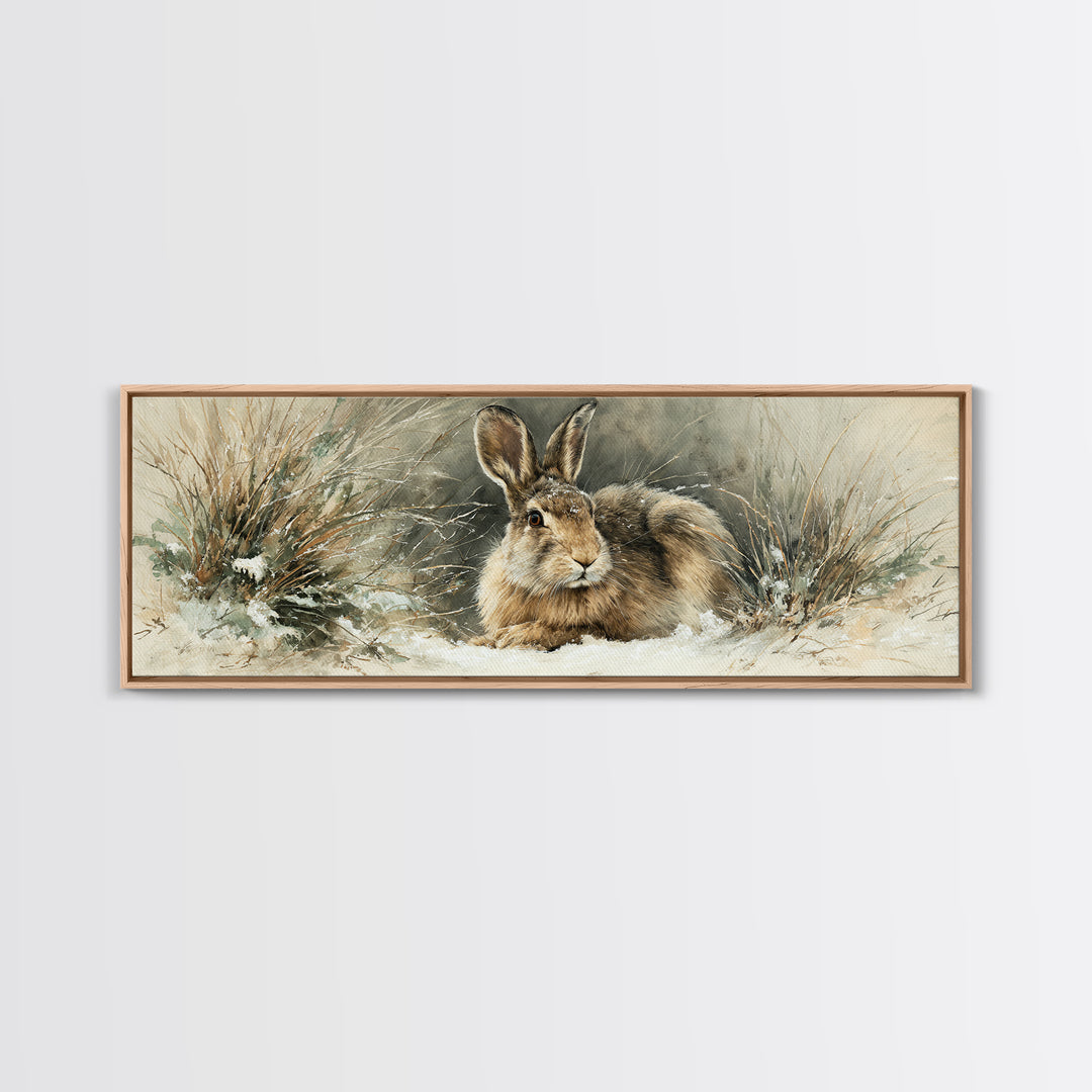 Curious Rabbit in a Soft Watercolor Meadow Framed Canvas Print, Animal Art, Modern Wall Art, Living Room Decor, Creature, ANI-3x1-69