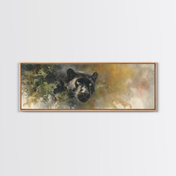 Dramatic Black Panther Emerging from Deep Jungle Canvas Print, Animal Art, Art Print, Living Room Decor, Oil Painting, Creature, ANI-3x1-70