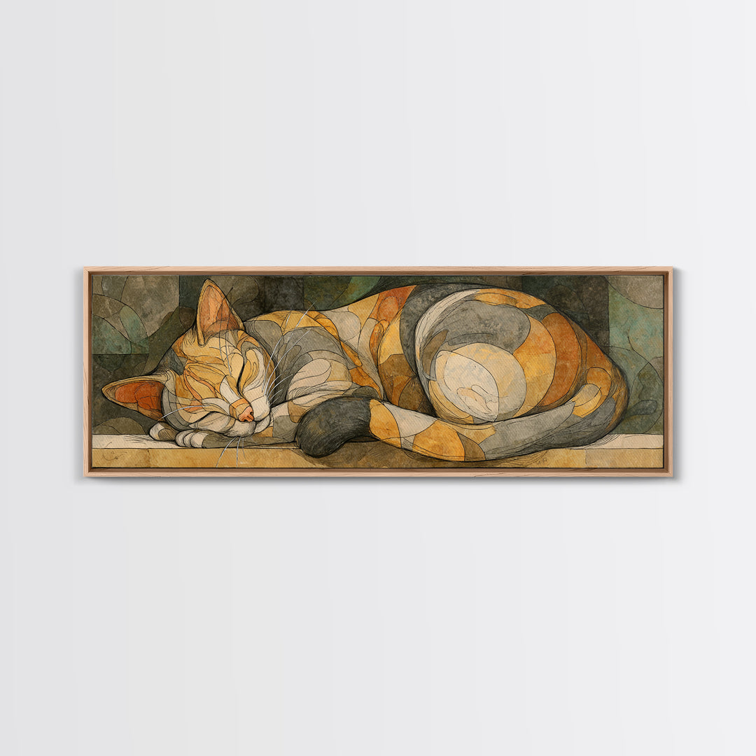 Sleeping Cat Curled Canvas Print, Animal Art, Home Decor, Living Room Decor, Fine Art, Creature, Art Deco, Original Art, ANI-3x1-76