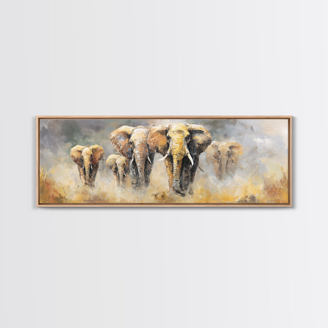 Elephant Family Walking Through Dusty Golden Light Canvas Print, Animal Art, Art, Living Room Decor, Fine Art, Creature, ANI-3x1-78