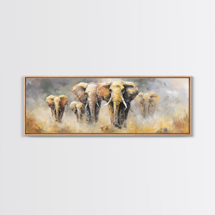 Elephant Family Walking Through Dusty Golden Light Canvas Print, Animal Art, Art, Living Room Decor, Fine Art, Creature, ANI-3x1-78
