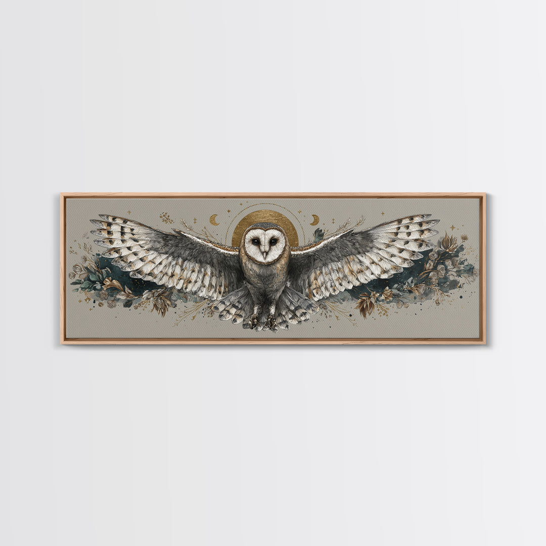 Owl with Moonlit Feathers and Celestial Accents Framed Canvas Print, Animal Art, Oil Painting, Living Room Decor, Creature, ANI-3x1-79