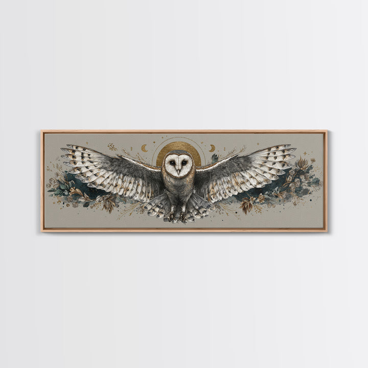 Owl with Moonlit Feathers and Celestial Accents Framed Canvas Print, Animal Art, Oil Painting, Living Room Decor, Creature, ANI-3x1-79
