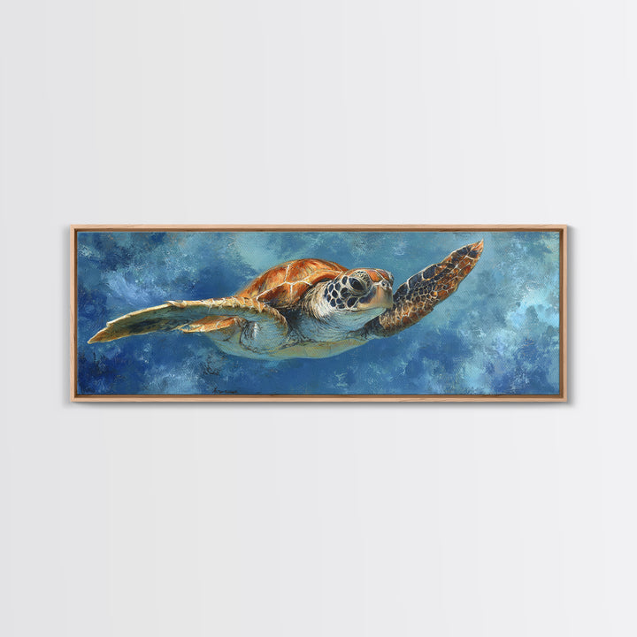 Sea Turtle Drifting Through Luminous Blue Water Framed Canvas Print, Animal Art, Nursery Decor, Living Room Decor, Creature, ANI-3x1-82