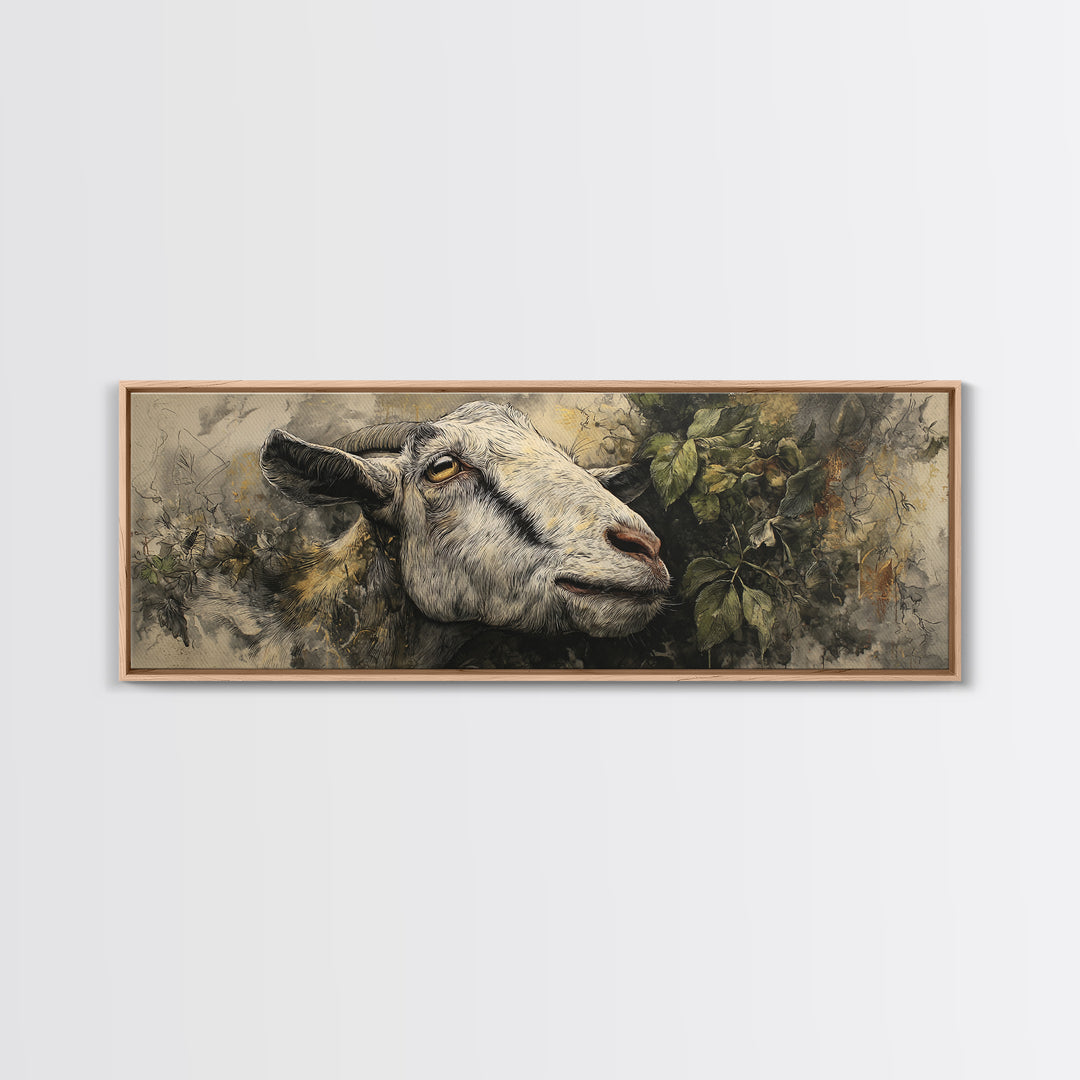 Goat Portrait with Rustic Folk Art Personality Canvas Print, Animal Art, Boho Wall Art, Living Room Decor, Oil Painting, ANI-3x1-85