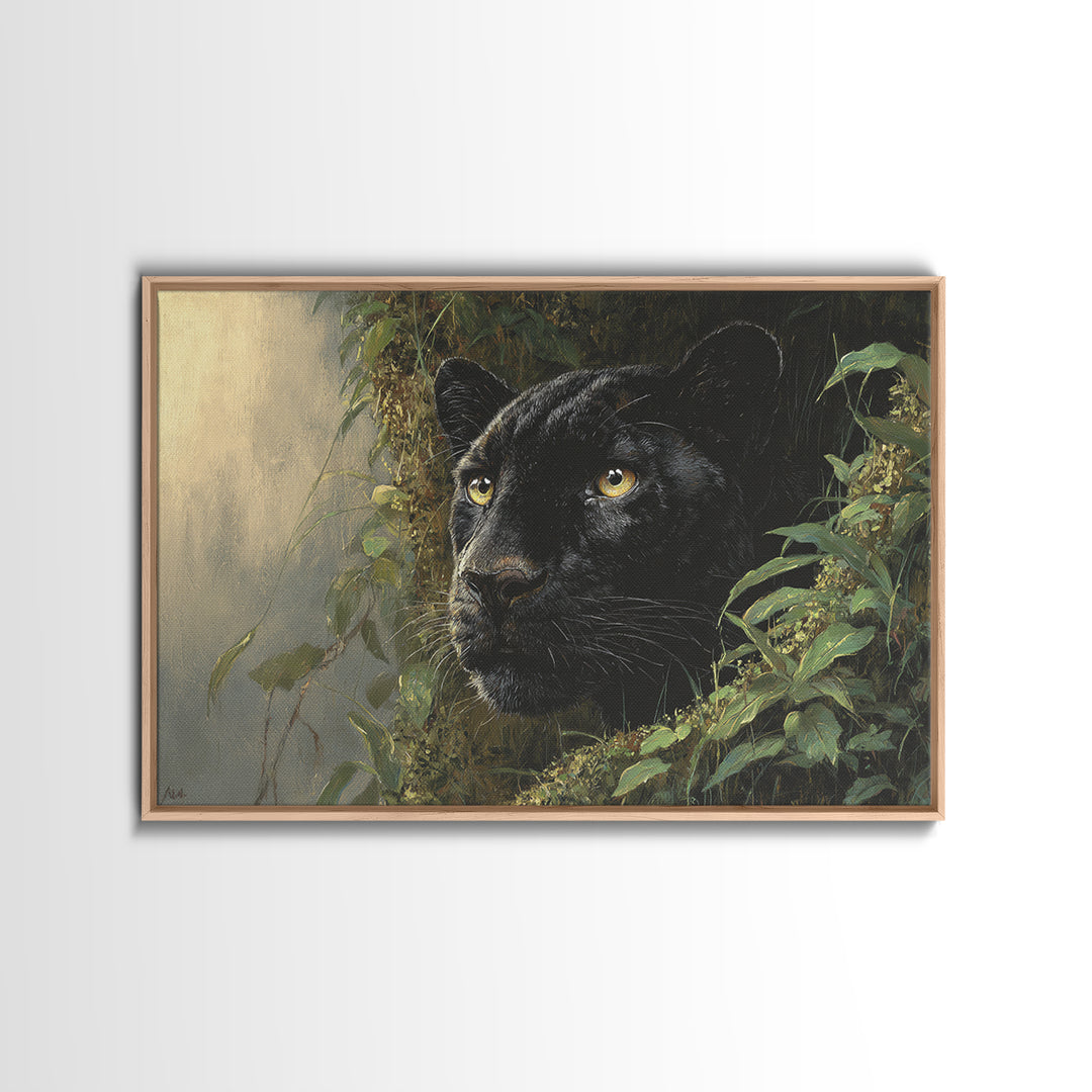 Dramatic Black Panther Emerging from Deep Jungle Canvas Print, Animal Art, Digital Wall Art, Living Room Decor, Creature, ANI-3x2-10