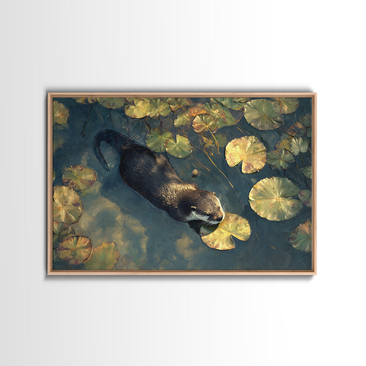 Playful Otter Floating Among Lily Pads Canvas Print, Animal Art, Nursery Decor, Living Room Decor, Fine Art, Creature, ANI-3x2-12