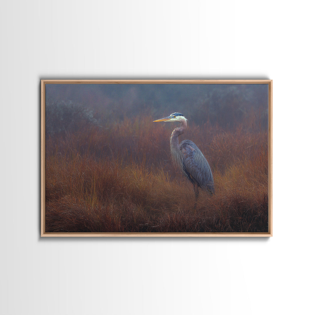 Blue Heron Standing Framed Canvas Print, Animal Art, Printable Wall Art, Living Room Decor, Fine Art, Creature, Boho Wall Art, ANI-3x2-15