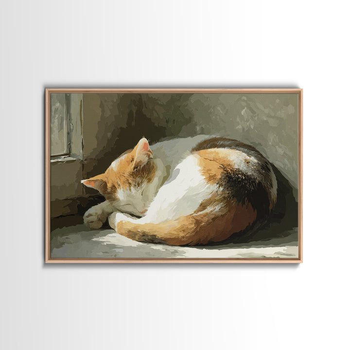 Sleeping Cat Curled Canvas Print, Animal Art, Art Deco, Living Room Decor, Watercolor Art, Creature, Cat Art, ANI-3x2-16