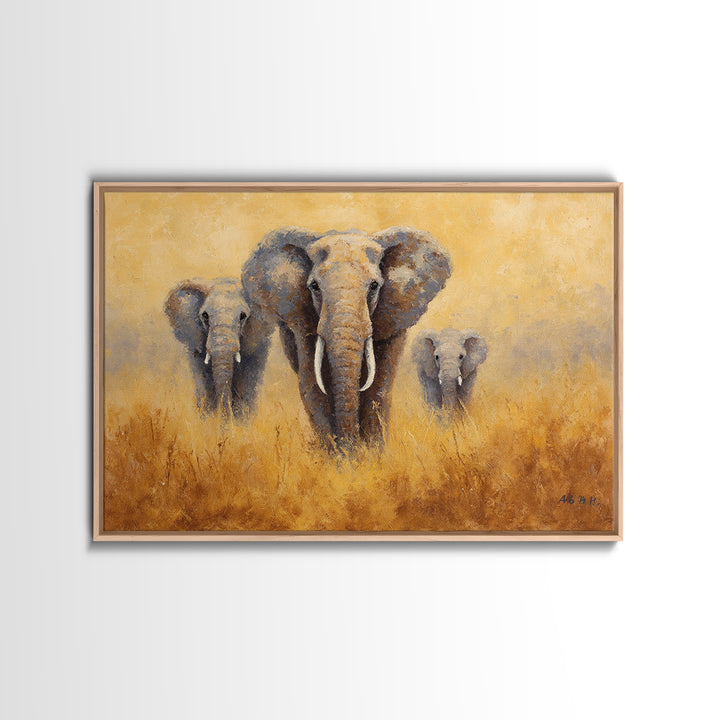 Elephant Family Walking Through Dusty Golden Light Framed Canvas Print, Animal Art, Printable, Living Room Decor, Creature, ANI-3x2-18