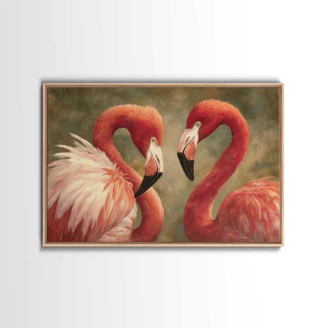 Flamingo Pair in Elegant Coral and Cream Framed Canvas Print, Animal Art, Digital Print, Living Room Decor, Fine Art, Creature, ANI-3x2-23
