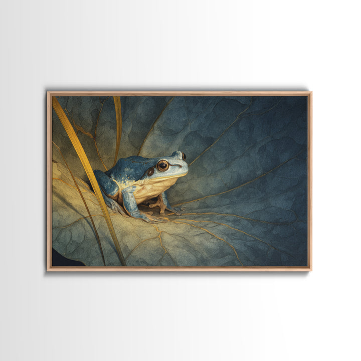 Frog on a Lotus Leaf Framed Canvas Print, Animal Art, Nursery Wall Art, Living Room Decor, Fine Art, Creature, Trendy Wall Art, ANI-3x2-24