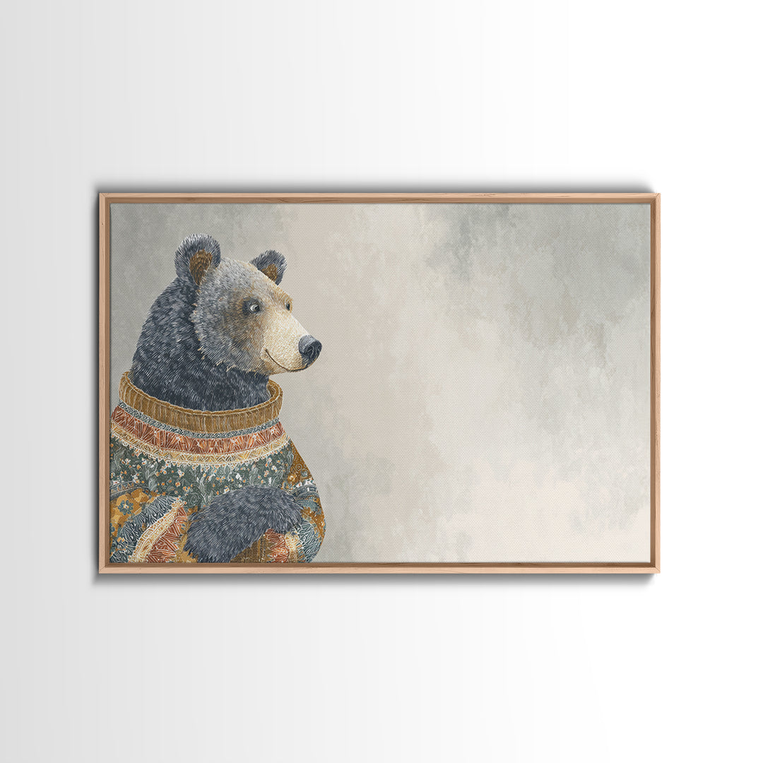 Whimsical Bear in a Patterned Sweater with Canvas Print, Animal Art, Digital Print, Living Room Decor, Fine Art, Creature, ANI-3x2-30