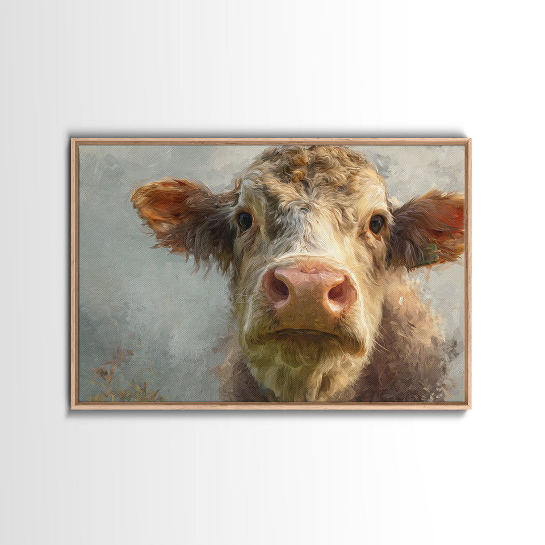 Gentle Cow Portrait Framed Canvas Print, Animal Art, Safari Nursery Decor, Living Room Decor, Oil Painting, Creature, ANI-3x2-35