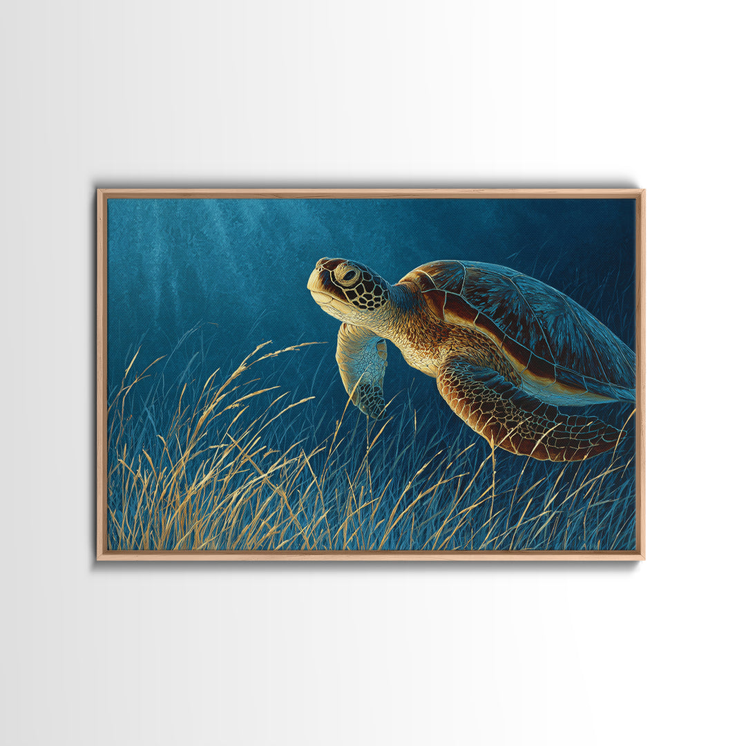Sea Turtle Drifting Through Luminous Blue Water Framed Canvas Print, Animal Art, Original Art, Living Room Decor, Creature, ANI-3x2-46