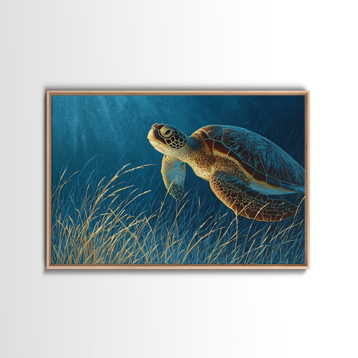 Sea Turtle Drifting Through Luminous Blue Water Framed Canvas Print, Animal Art, Original Art, Living Room Decor, Creature, ANI-3x2-46