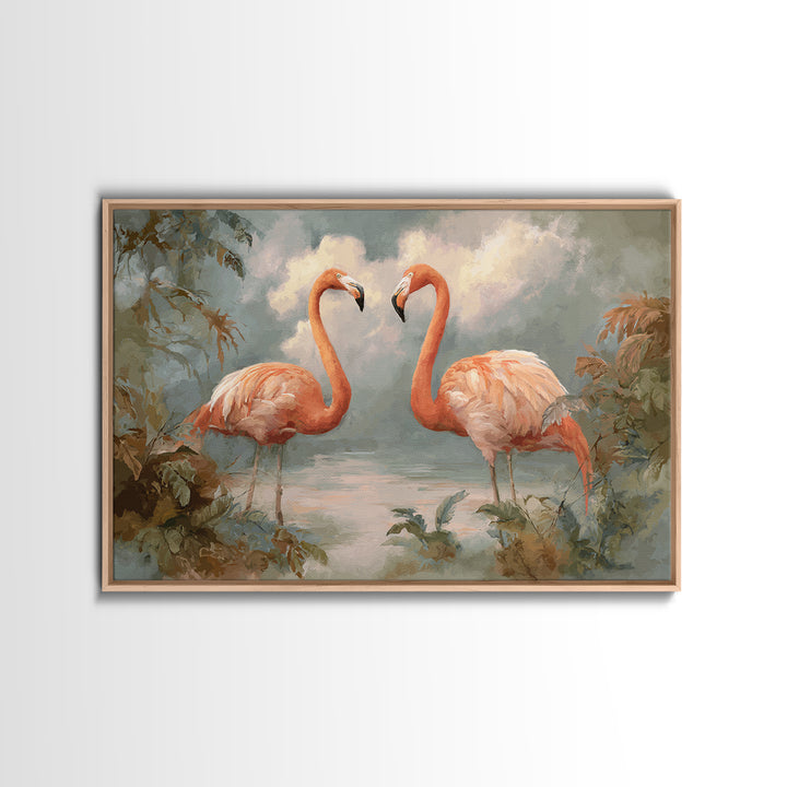 Flamingo Pair in Elegant Coral and Cream Framed Canvas Print, Animal Art, Room Decor, Living Room Decor, Oil Painting, Creature, ANI-3x2-47