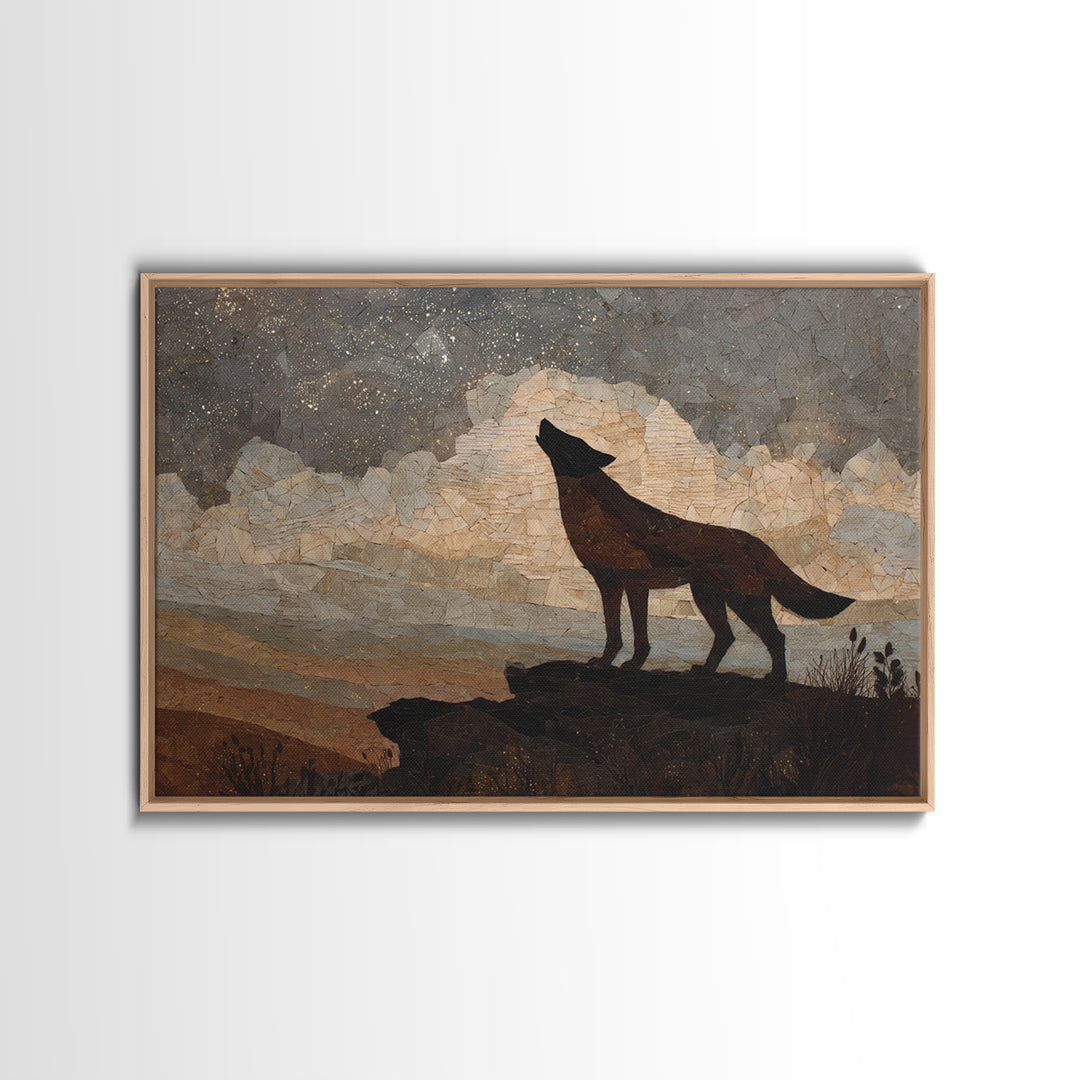 Wolf Silhouette Beneath a Star Filled Sky Framed Canvas Print, Animal Art, Nursery Wall Art, Living Room Decor, Oil Painting, ANI-3x2-50
