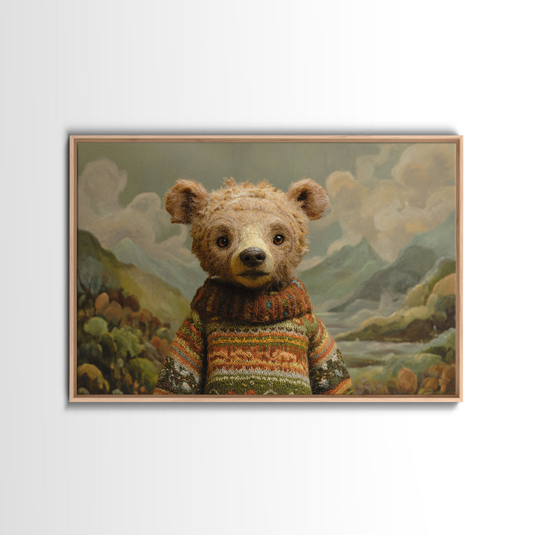 Whimsical Bear in a Patterned Sweater with Canvas Print, Animal Art, Digital Print, Living Room Decor, Fine Art, Creature, ANI-3x2-54