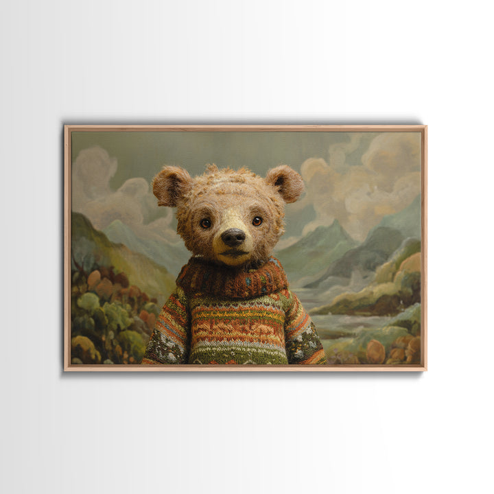 Whimsical Bear in a Patterned Sweater with Canvas Print, Animal Art, Digital Print, Living Room Decor, Fine Art, Creature, ANI-3x2-54