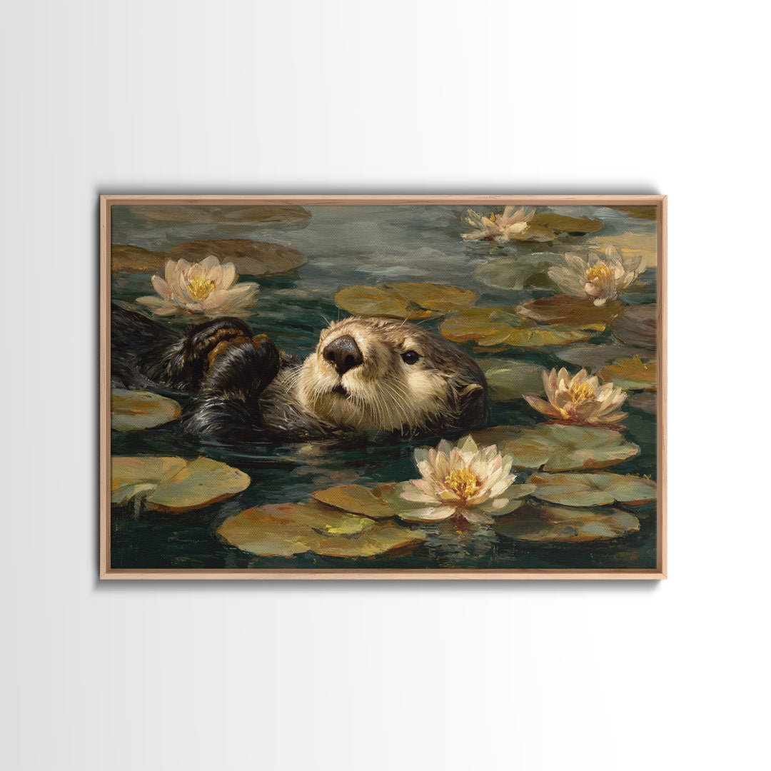 Playful Otter Floating Among Lily Pads Framed Canvas Print, Animal Art, Downloadable Art, Living Room Decor, Fine Art, Creature, ANI-3x2-60