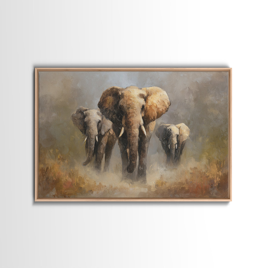 Elephant Family Walking Through Dusty Golden Light Canvas Print, Animal Art, Art Deco, Living Room Decor, Fine Art, Creature, ANI-3x2-66