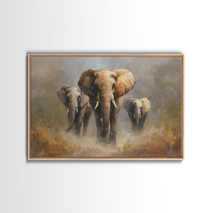 Elephant Family Walking Through Dusty Golden Light Canvas Print, Animal Art, Art Deco, Living Room Decor, Fine Art, Creature, ANI-3x2-66
