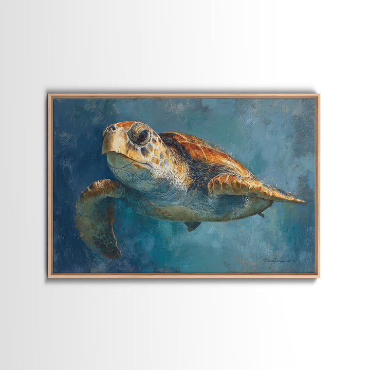 Sea Turtle Drifting Through Luminous Blue Water Framed Canvas Print, Animal Art, Original Art, Living Room Decor, Creature, ANI-3x2-70
