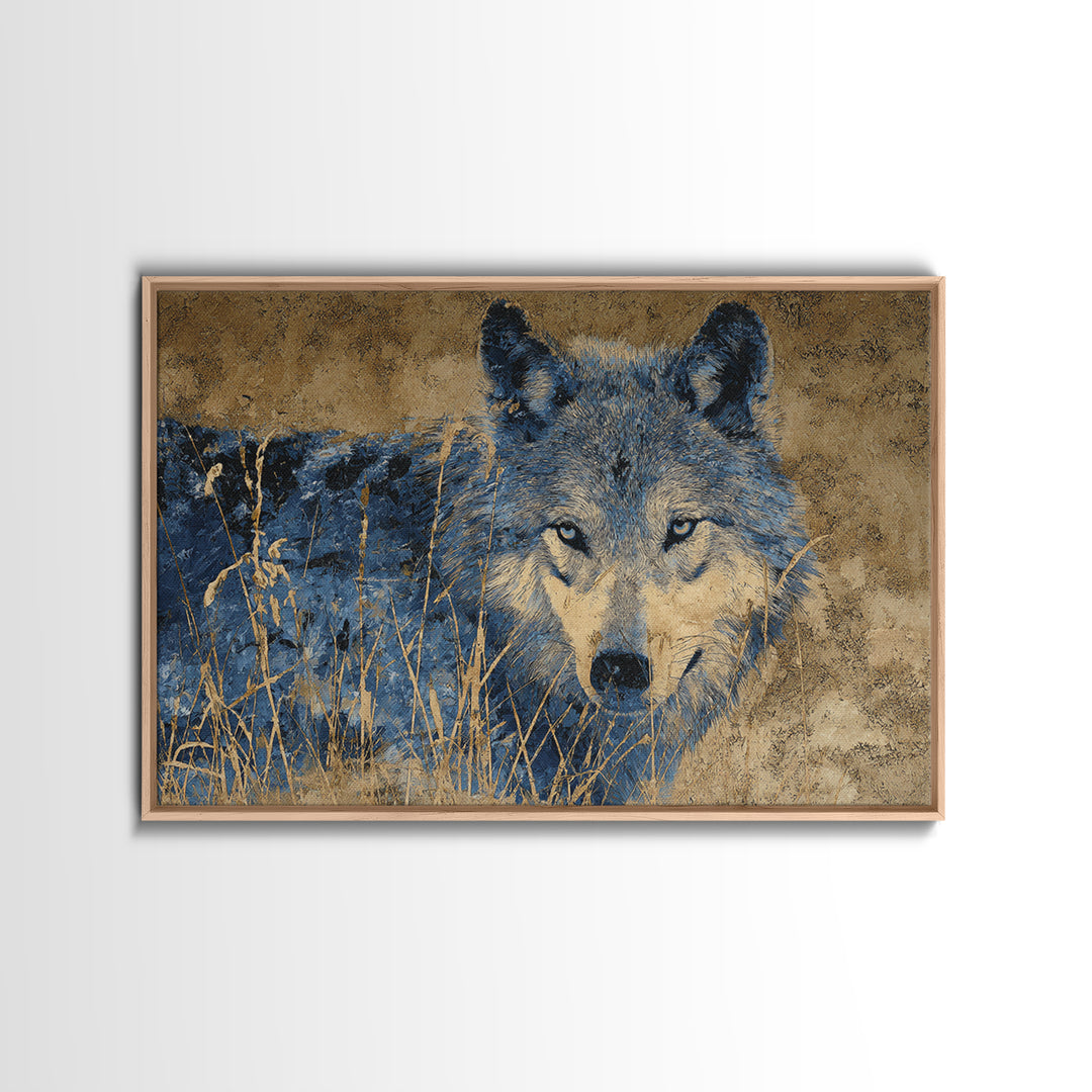 Wolf Silhouette Beneath a Star Filled Sky Framed Canvas Print, Animal Art, Nursery Wall Art, Living Room Decor, Oil Painting, ANI-3x2-74
