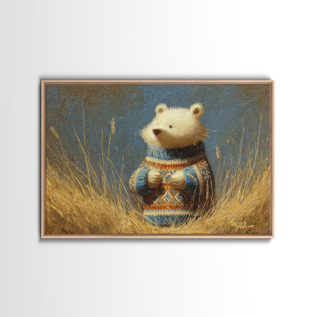 Whimsical Bear in a Patterned Sweater with Framed Canvas Print, Animal Art, Boho Wall Art, Living Room Decor, Creature, ANI-3x2-78