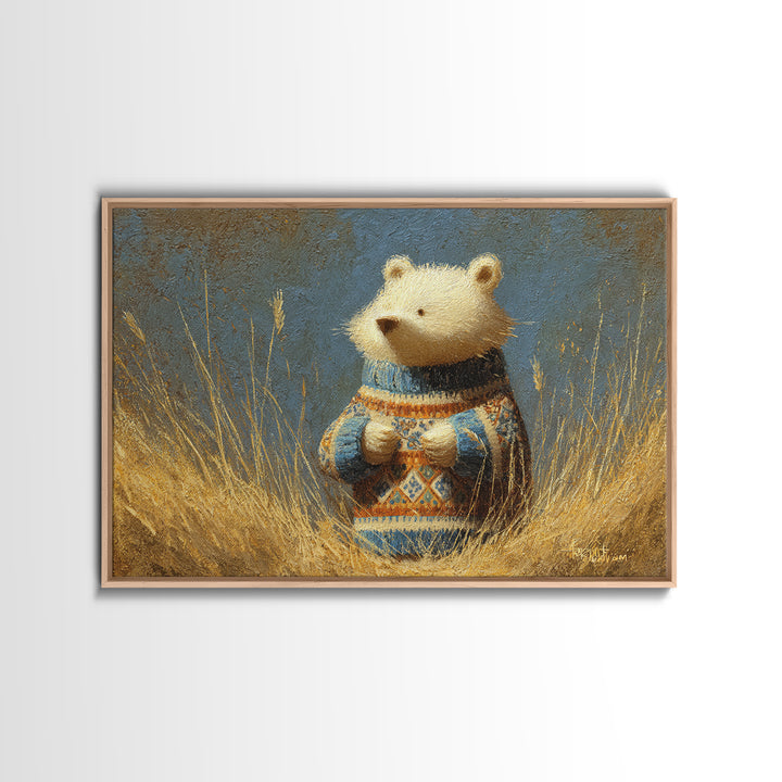 Whimsical Bear in a Patterned Sweater with Framed Canvas Print, Animal Art, Boho Wall Art, Living Room Decor, Creature, ANI-3x2-78