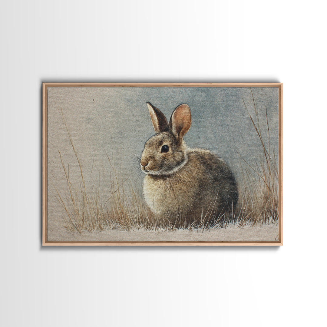 Curious Rabbit in a Soft Watercolor Meadow Framed Canvas Print, Animal Art, Cat Art, Living Room Decor, Fine Art, Creature, ANI-3x2-81