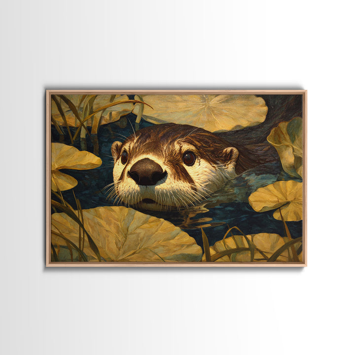 Playful Otter Floating Among Lily Pads Canvas Print, Animal Art, Boho Decor, Living Room Decor, Creature, Digital Prints, ANI-3x2-84