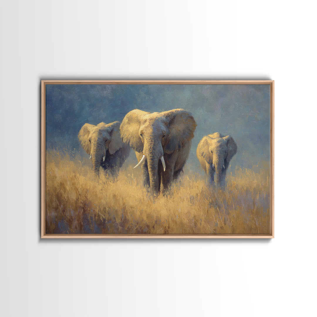 Elephant Family Walking Through Dusty Golden Light Canvas Print, Animal Art, Farmhouse Decor, Living Room Decor, Creature, ANI-3x2-90