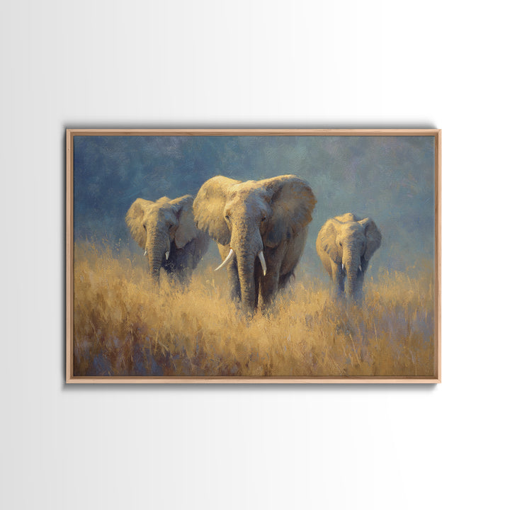 Elephant Family Walking Through Dusty Golden Light Canvas Print, Animal Art, Farmhouse Decor, Living Room Decor, Creature, ANI-3x2-90