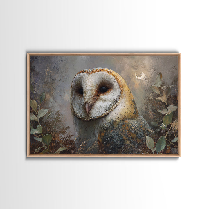 Owl with Moonlit Feathers and Celestial Accents Framed Canvas Print, Animal Art, Art, Living Room Decor, Oil Painting, Creature, ANI-3x2-91