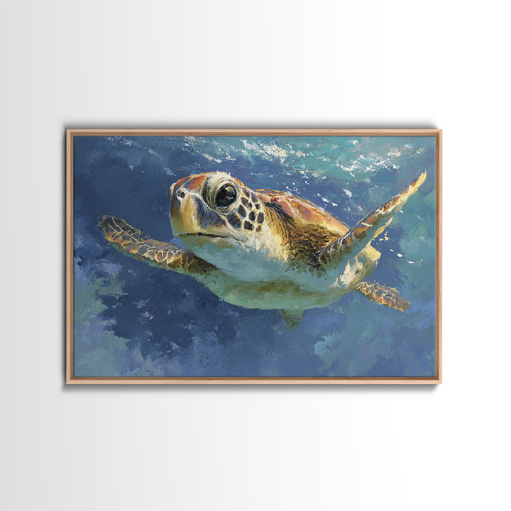 Sea Turtle Drifting Through Luminous Blue Water Canvas Print, Animal Art, Nursery, Living Room Decor, Abstract Art, Creature, ANI-3x2-94
