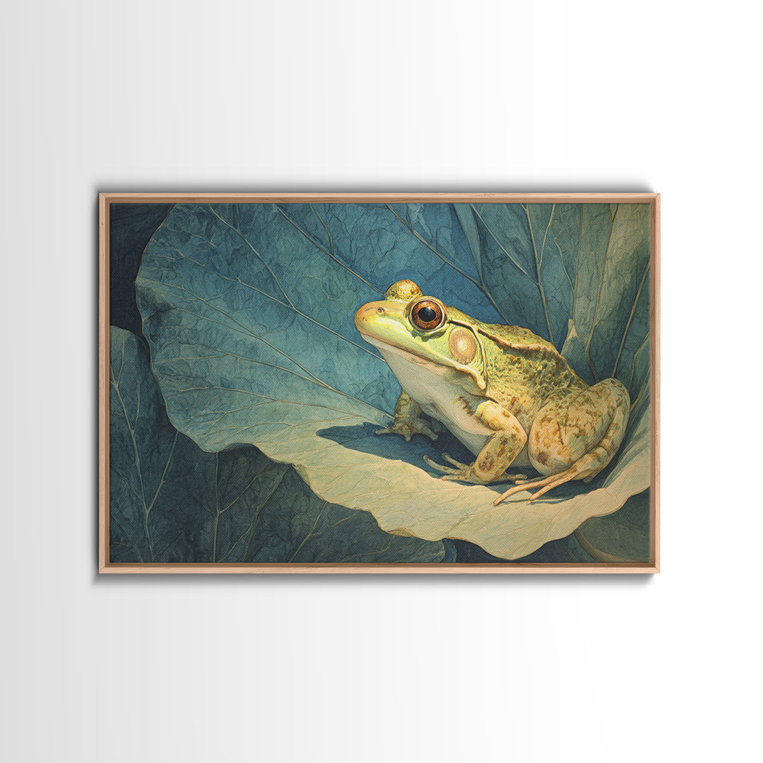 Frog on a Lotus Leaf Framed Canvas Print, Animal Art, Art Print, Living Room Decor, Watercolor Art, Creature, Digital Art, ANI-3x2-96