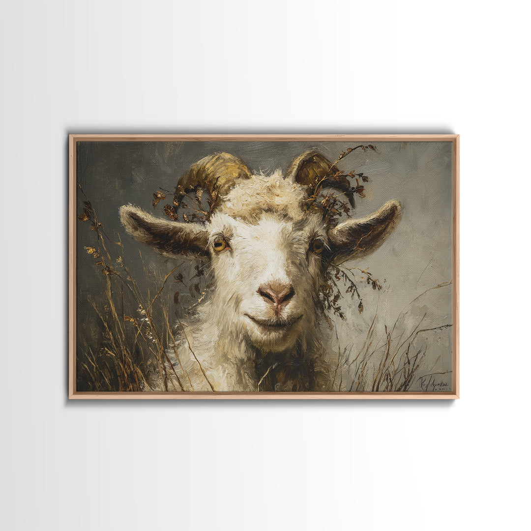 Goat Portrait with Rustic Folk Art Personality Framed Canvas Print, Animal Art, Downloadable Art, Living Room Decor, Creature, ANI-3x2-97