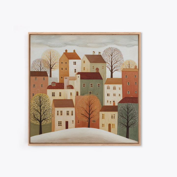 Naive Folk Art Village Framed Canvas Print, Art, Large Wall Art, Living Room Decor, Fine Art, Prints Wall Art, ART-1x1-44