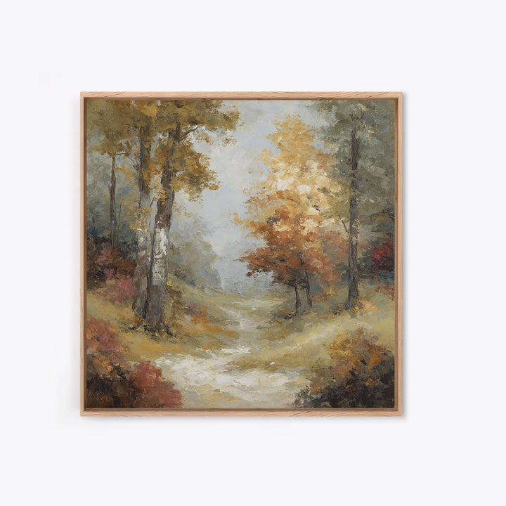 Woodland Path with Golden Autumn Atmosphere Framed Canvas Print, Art, Original Art, Living Room Decor, Fine Art, ART-1x1-47